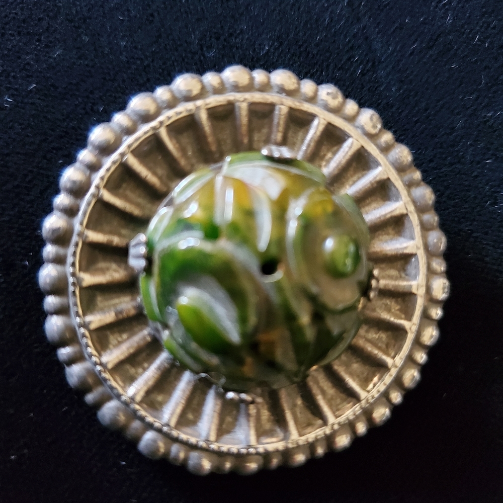 Vintage Green Bakelite Button Earrings and Pin Set-Carved Roses